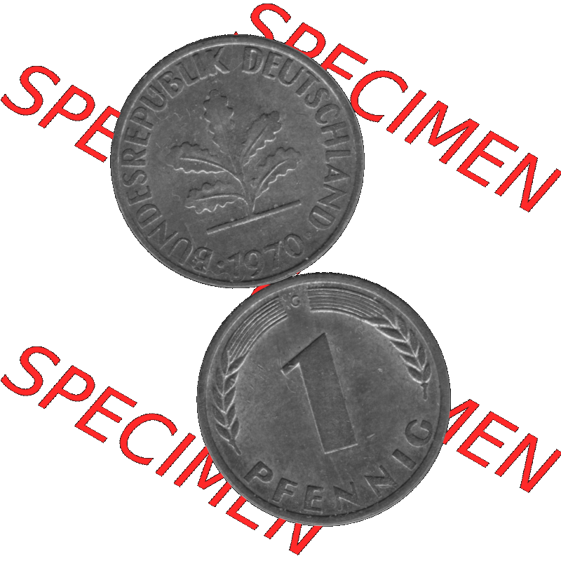 BRD Münzen 1 Pfennig BRD-Deutschland Umlaufmünze in Graustufen PNG 1950-2001, 1 Pfennig 1970, 1970er Jahre Münzstätte Karlsruhe G-01. Graustufen-Bild erstellt aus... Sammlung