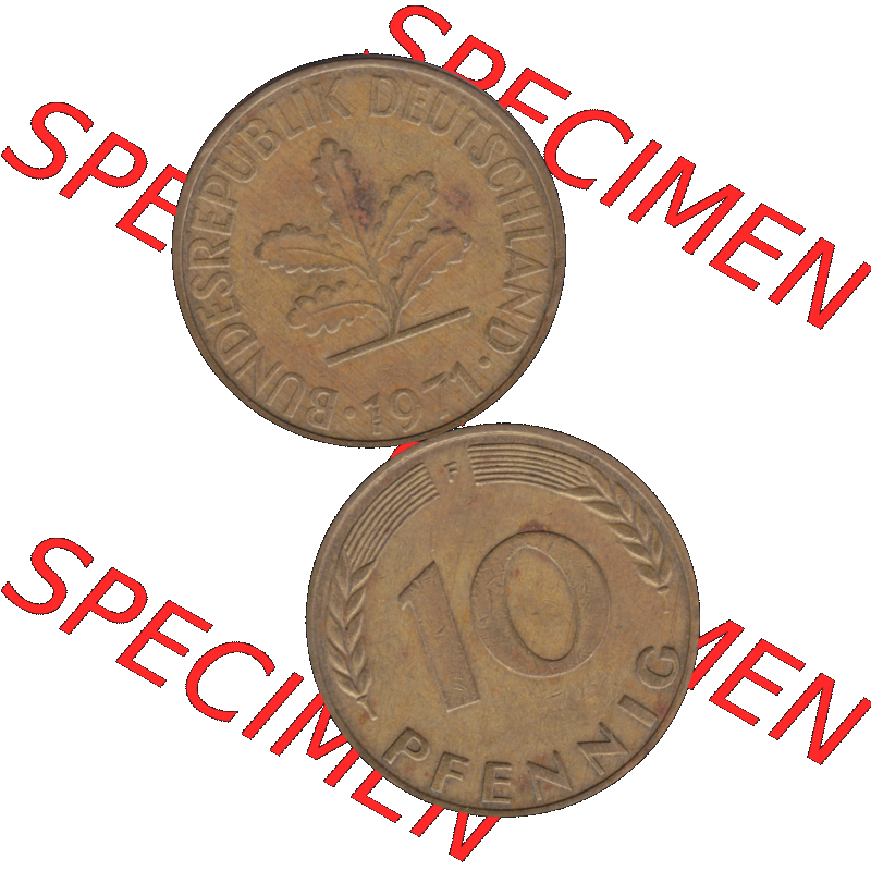 BRD Münzen 10 Pf. Umlaufmünze in PNG 1950-2001, 10 Pfennig 1971 F-05. Vorderseite und Rückseite auf einen Bild / Foto vertikal untereinander zusammengefügt,... Sammlung