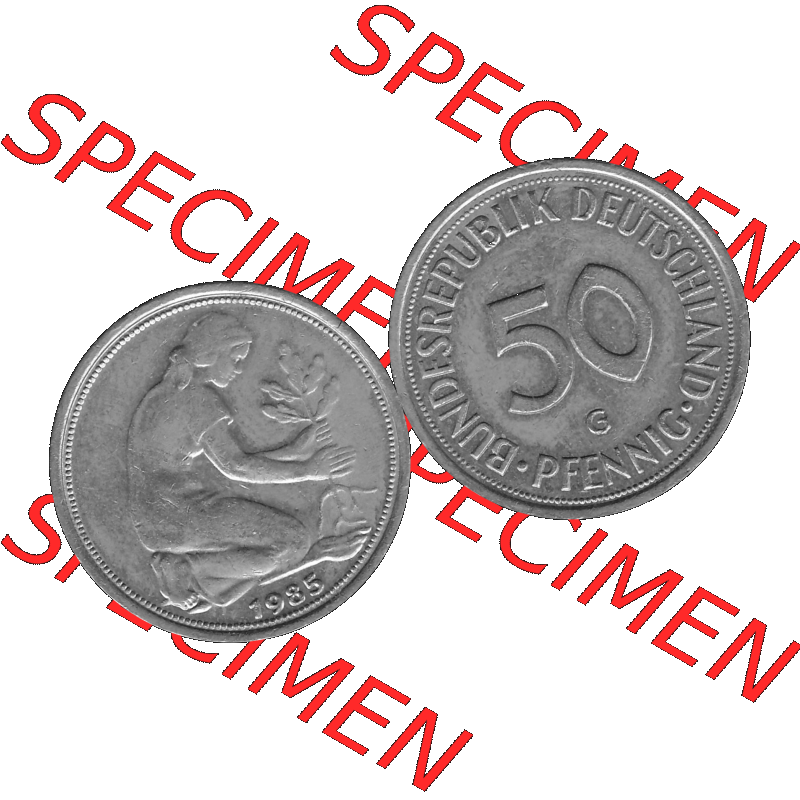 BRD Münzen Deutschland G 50 Pf. Umlaufmünze in Graustufen PNG 1950-2001, 50 Pfennig 1985 Münzzeichen "G" für Karlsruhe - "G"-01 Graustufen. PNG... Sammlung