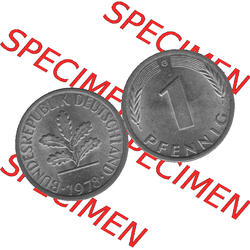 BRD Münzen 1 Pfennig BRD-Deutschland Umlaufmünze in Graustufen PNG 1950-2001, 1 Pfennig 1978, 1970er Jahre Münzstätte Karlsruhe G-01. Graustufen-Bilder der Vorderseite... Sammlung