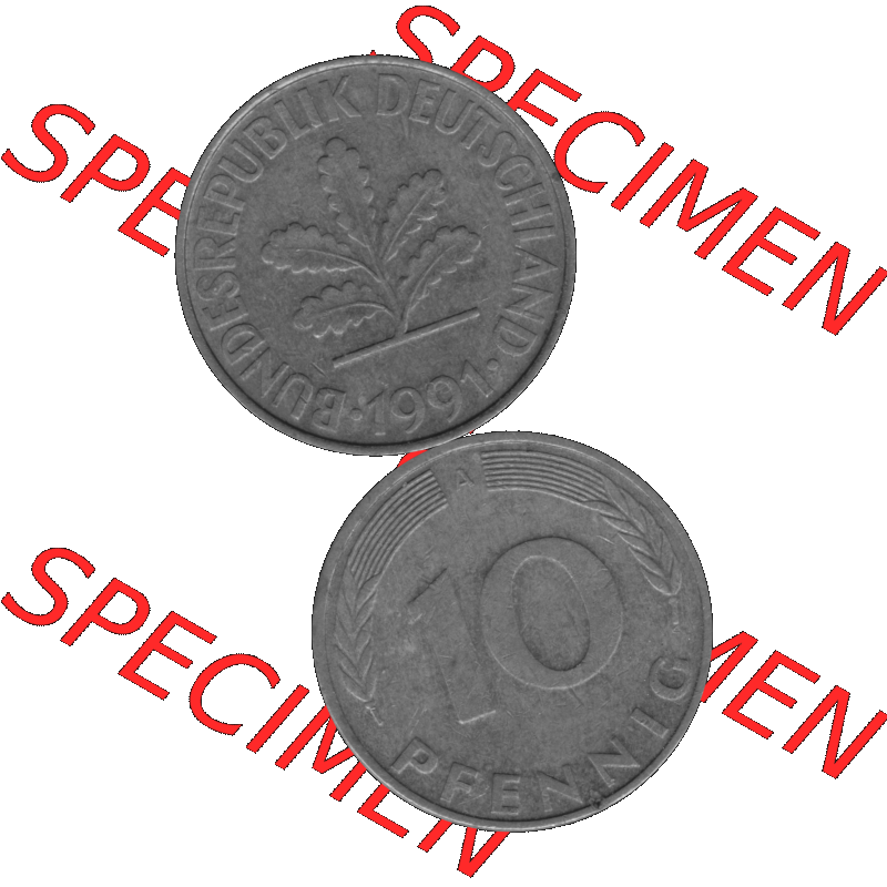 BRD Münzen 10 Pf. Umlaufmünze in PNG 1990-2001, 10 Pfennig 1991 A-03 Graustufen. Graustufen-Bilder mit Vorderseite und Rückseite auf einen Bild / Foto vertikal untereinander... Sammlung