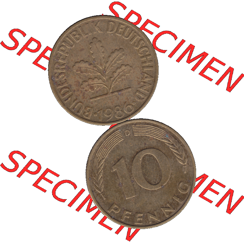 BRD Münzen 10 Pf. Umlaufmünze in PNG 1950-2001, 10 Pfennig 1986 D-01. Vorderseite und Rückseite auf einen Bild / Foto vertikal untereinander zusammengefügt,... Sammlung