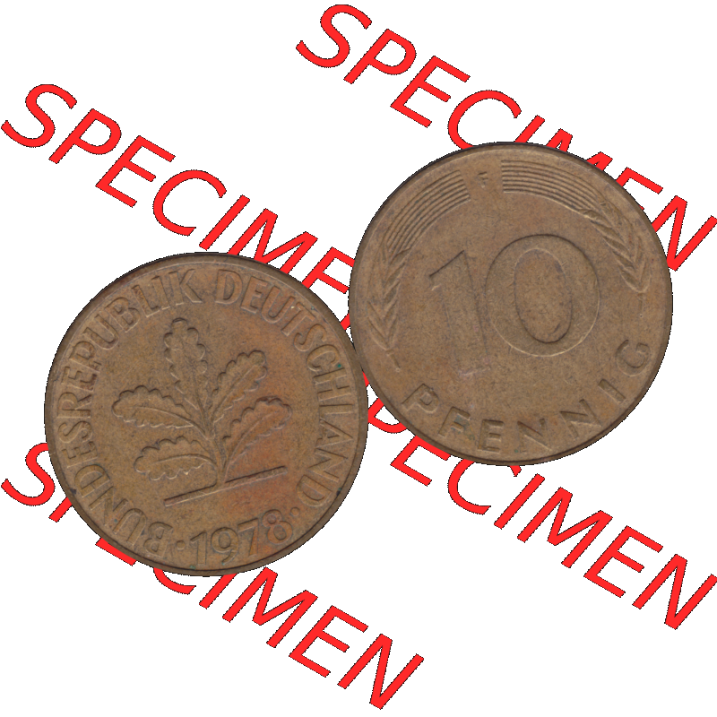 BRD Münzen 10 Pf. Umlaufmünze in PNG 1950-2001, 10 Pfennig 1978 F-01. Vorderseite und Rückseite mit Wert-Zahl auf einen Bild / Foto der digitalisierten 10 Pfennig... Sammlung