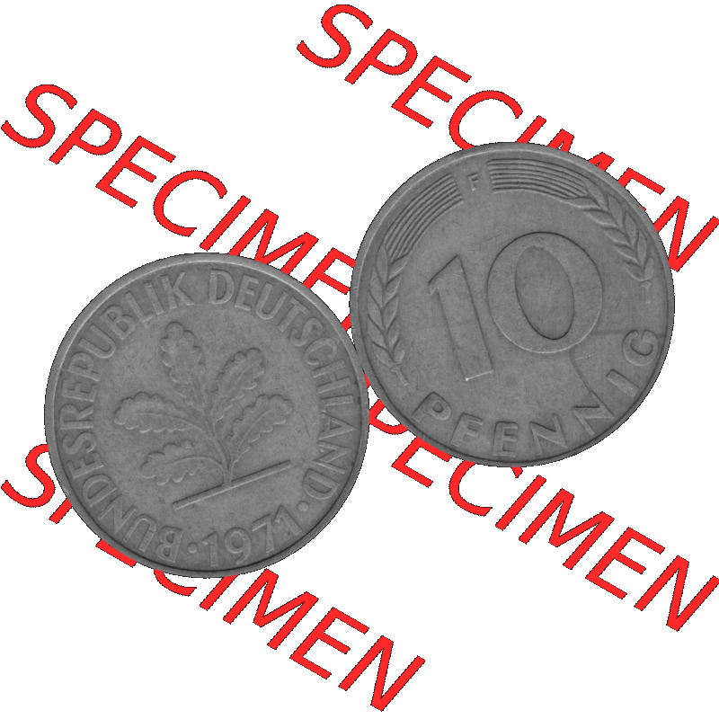 BRD Münzen 10 Pf. Umlaufmünze in PNG 1950-2001, 10 Pfennig 1971 F-01 Graustufen. Graustufen-Bild aus Farbigen Bilder mit Vorderseite und Rückseite mit Wert-Zahl auf einen... Sammlung