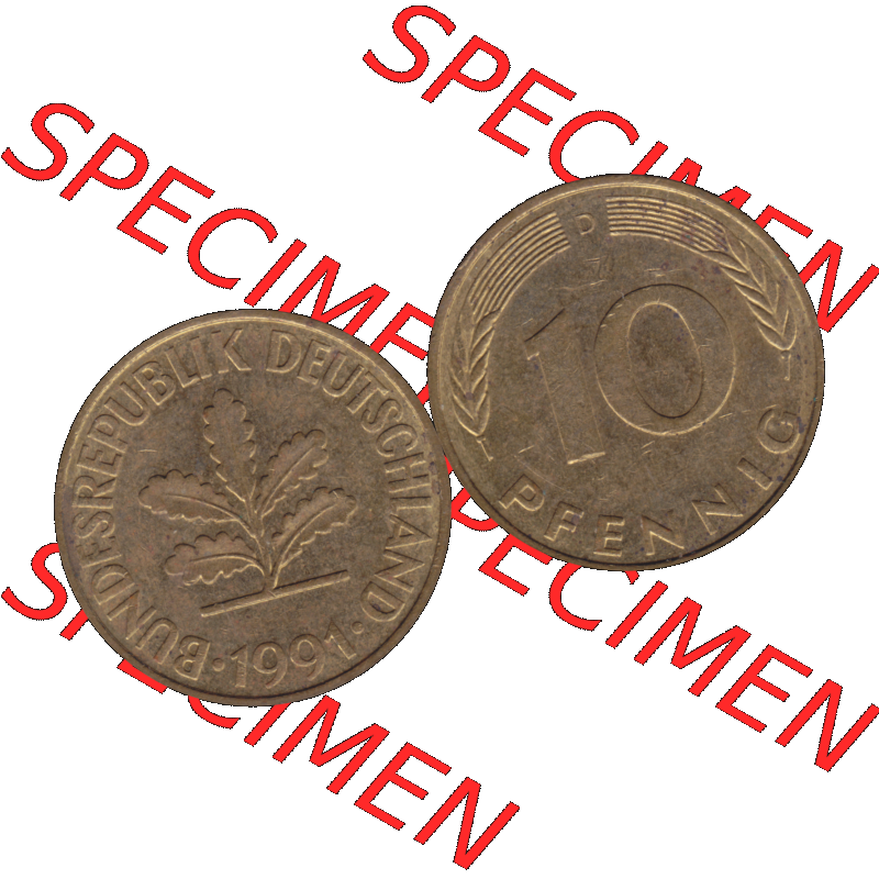 BRD Münzen 10 Pf. Umlaufmünze in PNG 1950-2001, 10 Pfennig 1991 D-10. Vorderseite und Rückseite mit Wert-Zahl auf einen Bild / Foto der digitalisierten 10 Pfennig... Sammlung