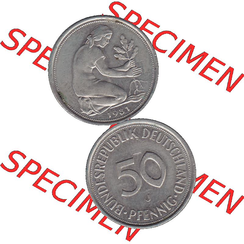 BRD Münzen 50 Pf. Umlaufmünze in PNG 1950-2001, 50 Pfennig BRD Deutschland 1981 "J"-01. PNG Computer-Grafik einer digitalisierten 50 Pfennig / Fünfzig Pfennige... Sammlung