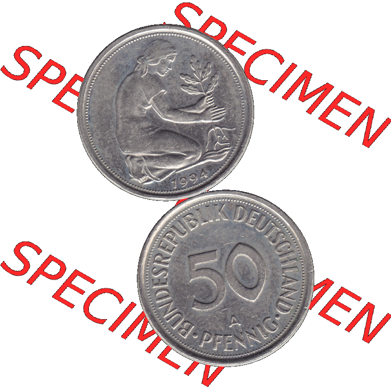 BRD Münzen 50 Pf. Umlaufmünze in PNG 1990-2001, 50 Pfennig BRD Deutschland 1994 Mzz. Berlin A-1. Transparente Vorderseite und Rückseite der Münze vertikal... Sammlung