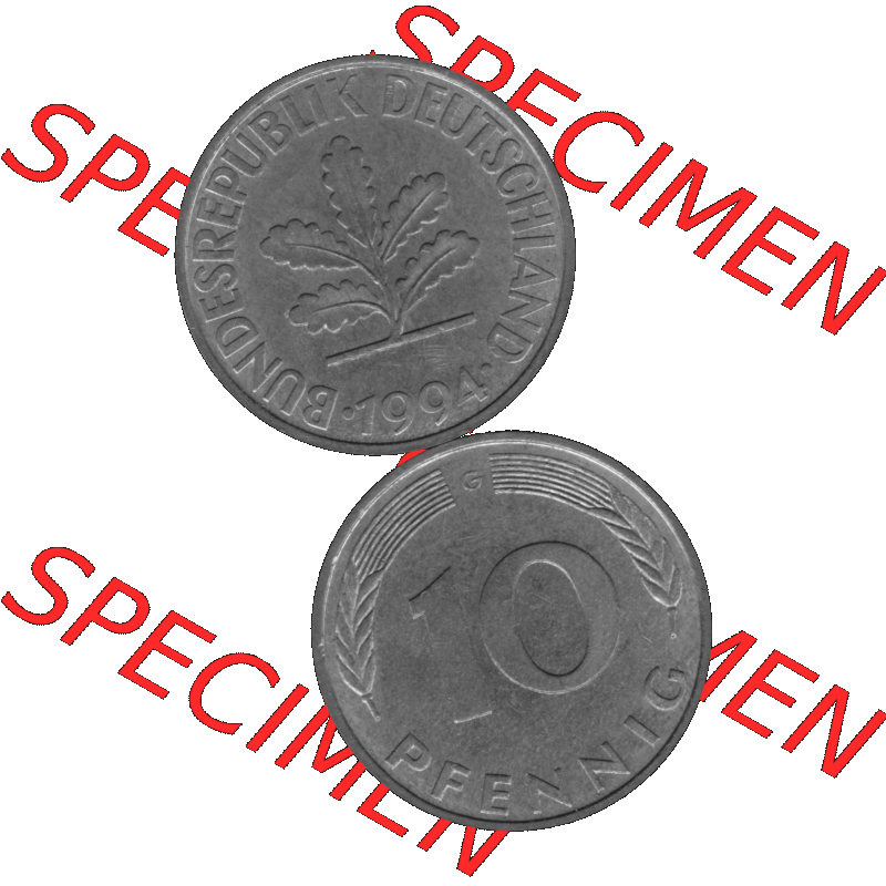 BRD Münzen 10 Pf. Umlaufmünze in PNG 1950-2001, 10 Pfennig 1994 G-01 Graustufen. Graustufen PNG-Bild, erstellt aus farbigen Vorlagen-Bild mit Vorderseite und Rückseite... Sammlung