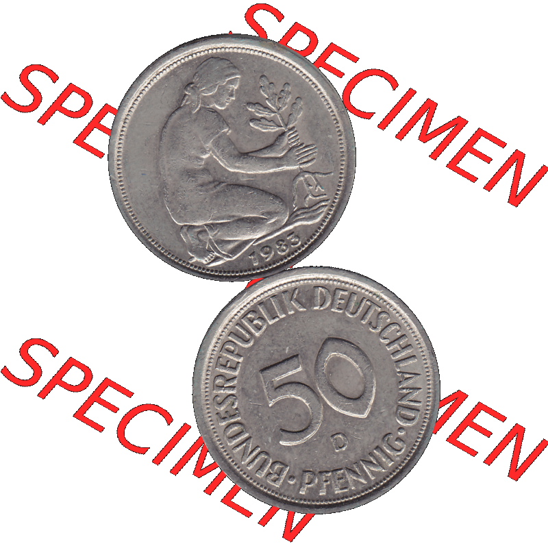 BRD Münzen 50 Pf. Umlaufmünze in PNG 1950-2001, 50 Pfennig BRD Deutschland 1983 Münzstätte München Mzz. D-01. Vorderseite und Rückseite auf einen... Sammlung