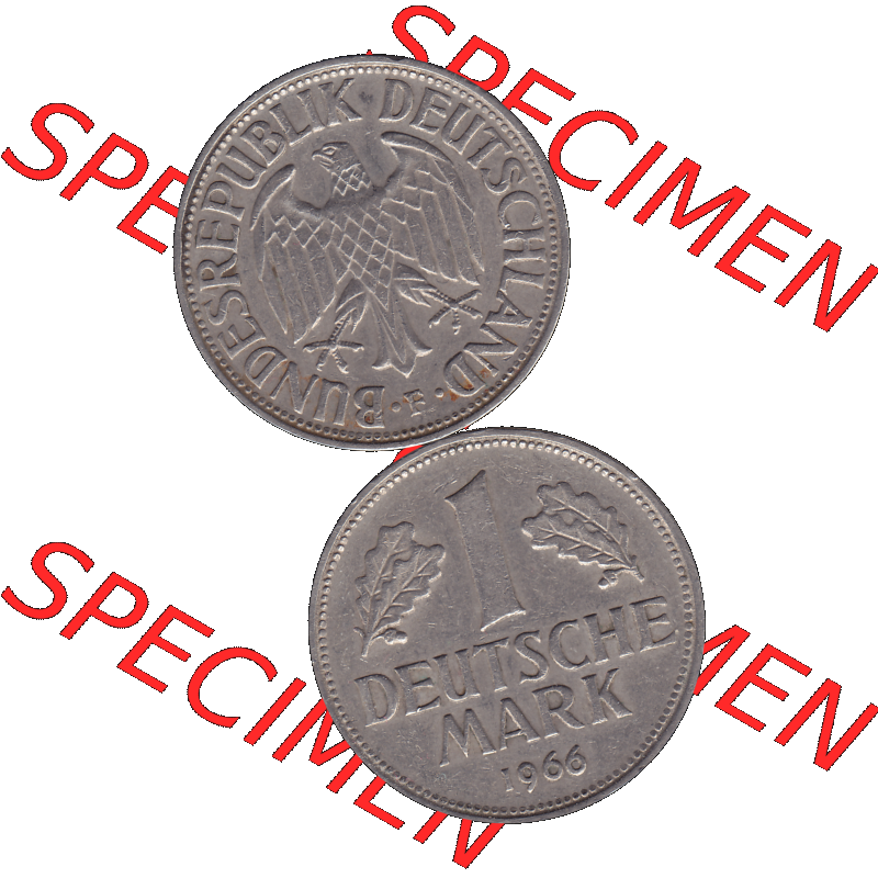 BRD Münzen 1 DM, Umlaufmünze 1950-2001, 1 / Eine DM - Eine Deutsche Mark, 1966 F-1. Münzen-Rückseite und Münzen-Vorderseite vertikal untereinander... Sammlung