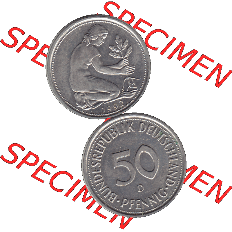 BRD Münzen 50 Pf. Umlaufmünze in PNG 1950-2001, 50 Pfennig BRD Deutschland 1992 München D-1. Transparente Vorderseite und Rückseite der Münze vertikal untereinander... Sammlung
