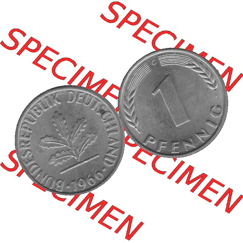 BRD Münzen 1 Pfennig BRD-Deutschland Umlaufmünze in Graustufen PNG 1950-2001, 1 Pfennig 1966, 1960er Jahre Münzstätte Karlsruhe G-01. Graustufen-Bilder der Vorderseite... Sammlung