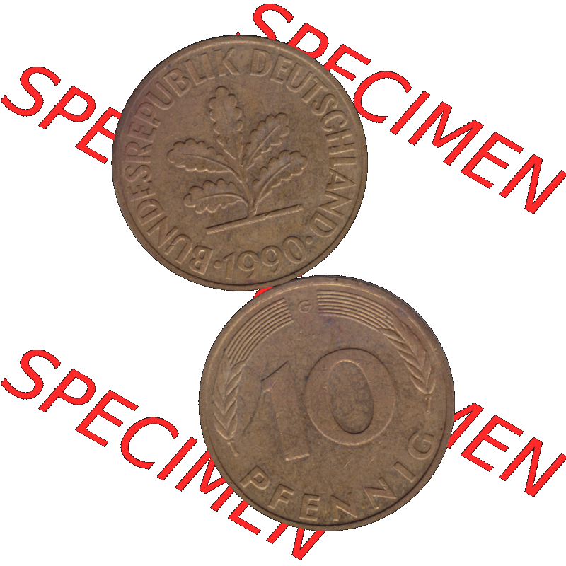 BRD Münzen 10 Pf. Umlaufmünze in PNG 1950-2001, 10 Pfennig 1990 G-01. Vorderseite und Rückseite auf einen Bild / Foto vertikal untereinander zusammengefügt,... Sammlung