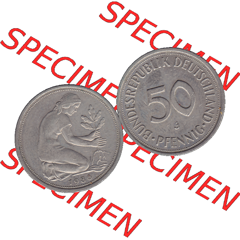 BRD Münzen 50 Pf. Umlaufmünze in PNG 1950-2001, 50 Pfennig 1986 J-01. Vorderseite und Rückseite mit Wert-Zahl auf einen Bild / Foto der digitalisierten 50 Pfennig... Sammlung