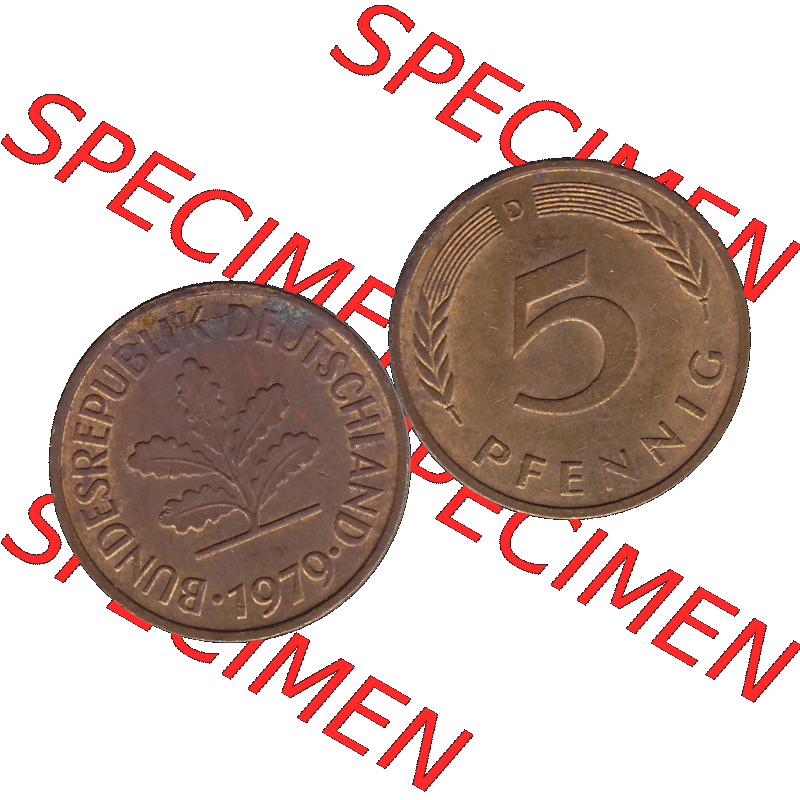 BRD Münzen 5 Pf., Umlaufmünze 1950-2001, 5 Pfennig Deutschland der BRD, 1979 Münzstätte München Mzz. D-01. Vorderseite und Rückseite... Sammlung