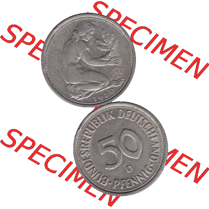 BRD Münzen 50 Pf. Umlaufmünze in PNG 1950-2001, 50 Pfennig BRD Deutschland 1980 Mzz. München "D"-01. Vorderseite und Rückseite auf einen Bild /... Sammlung