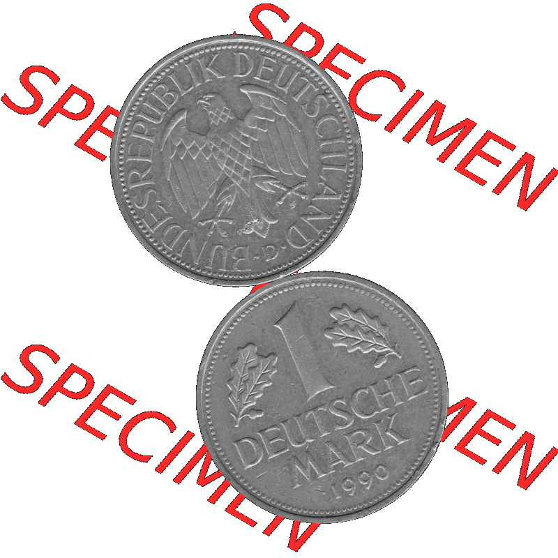BRD Deutschland Münzen 1 / Eine DM / Eine Deutsche Mark in Graustufen PNG 1950-2001, 1 DM Deutsche Mark, 1990 Münzzeichen für München Mzz. D-02 Graustufen.... Sammlung