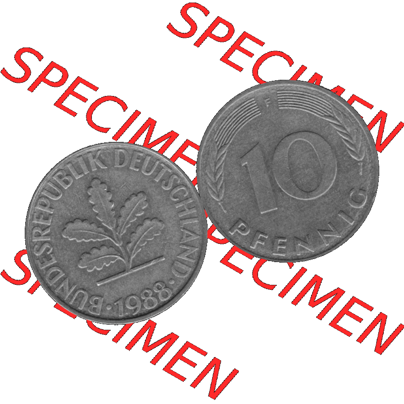 BRD Münzen 10 Pf. Umlaufmünze in PNG 1950-2001, 10 Pfennig 1988 F-01 Graustufen. Graustufen-Bild aus Farbigen Bilder mit Vorderseite und Rückseite mit Wert-Zahl auf einen... Sammlung