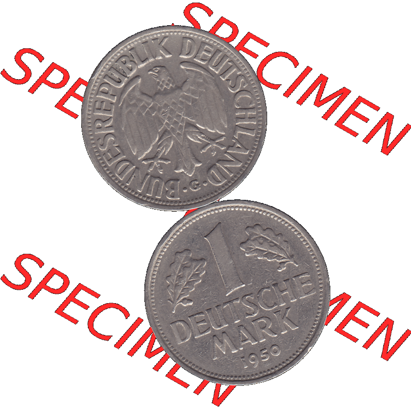 BRD Münzen 1 DM, Umlaufmünze 1950-2001, 1 / Eine DM - Eine Deutsche Mark, 1950 G-1. transparente PNG-Grafik der Münzen-Rückseite und Münzen-Vorderseite... Sammlung