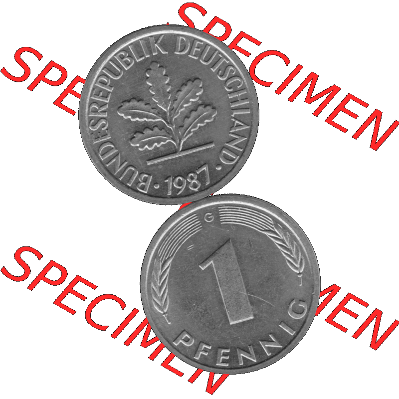 BRD Münzen 1 Pfennig BRD-Deutschland Umlaufmünze in Graustufen PNG 1950-2001, 1 Pfennig 1987, 1980er Jahre Münzstätte Karlsruhe G-01. Graustufen-Bild erstellt aus... Sammlung