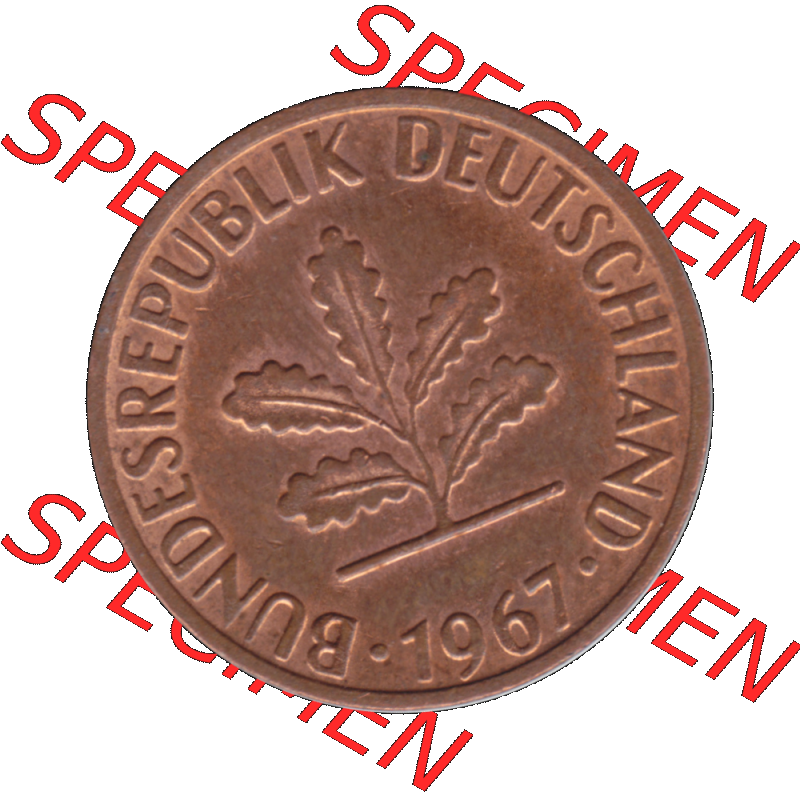 BRD Münzen 1 Pfennig Umlaufmünze in PNG 1950-2001, 1 Pfennig 1967, 1960er Jahre Stuttgart F-01. Vorderseite der digitalisierte 1 / Ein - Pfennig BRD F, mit Mzz.... Sammlung