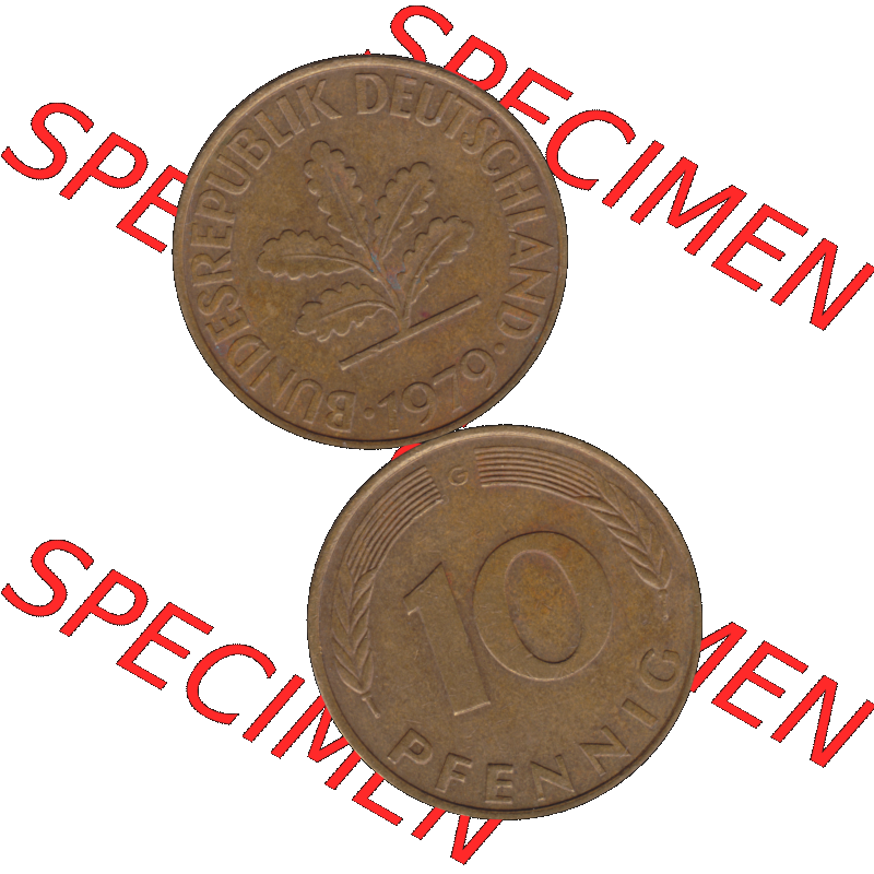 BRD Münzen 10 Pf. Umlaufmünze in PNG 1950-2001, 10 Pfennig 1979 G-01. Vorderseite und Rückseite auf einen Bild / Foto vertikal untereinander zusammengefügt,... Sammlung