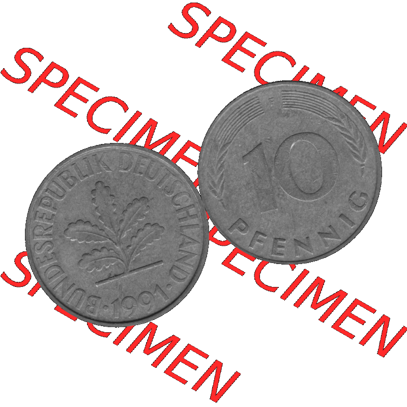 BRD Münzen 10 Pf. Umlaufmünze in PNG 1950-2001, 10 Pfennig 1991 F-05 Graustufen. Graustufen-Bild aus Farbigen Bilder mit Vorderseite und Rückseite mit Wert-Zahl auf einen... Sammlung