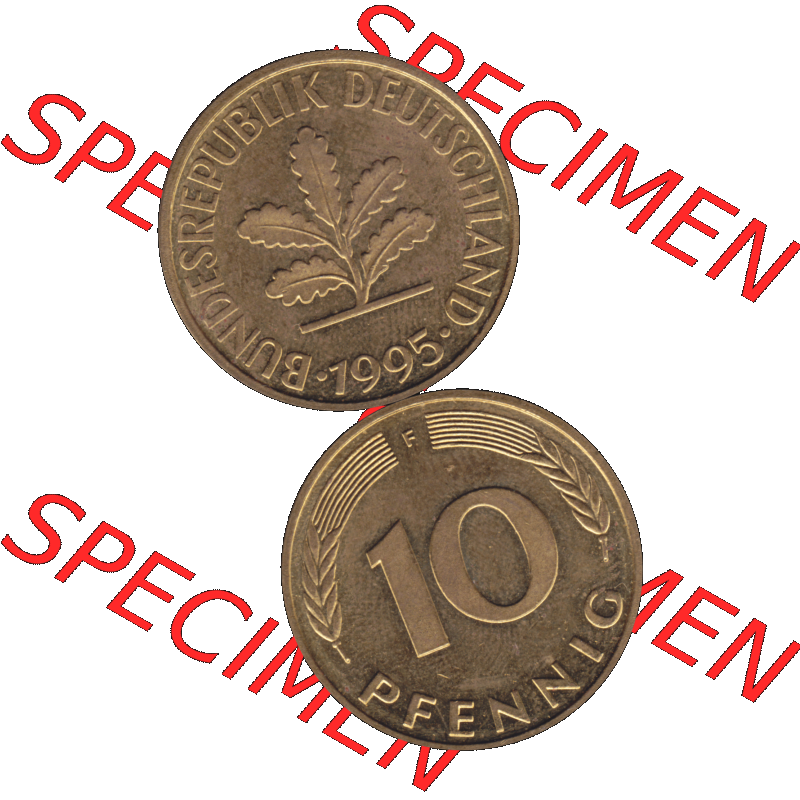BRD Münzen 10 Pf. Umlaufmünze in PNG 1950-2001, 10 Pfennig 1995 F-04. Vorderseite und Rückseite auf einen Bild / Foto vertikal untereinander zusammengefügt,... Sammlung