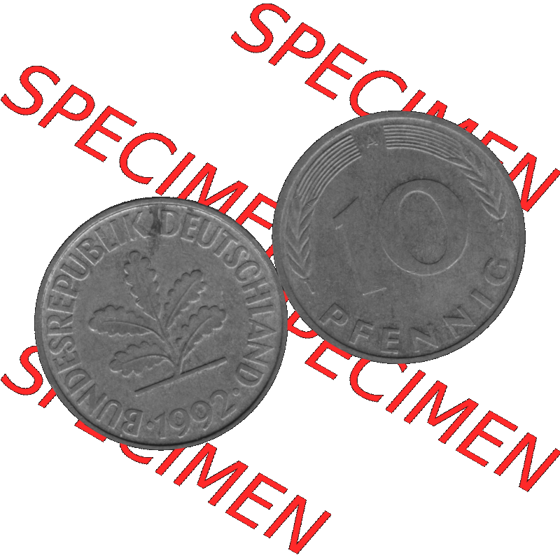 BRD Münzen 10 Pf. Umlaufmünze in PNG 1990-2001, 10 Pfennig 1992 A-01 Graustufen. Graustufen-Bilder der Vorderseite und Rückseite mit Wert-Zahl auf einen Bild / Foto... Sammlung