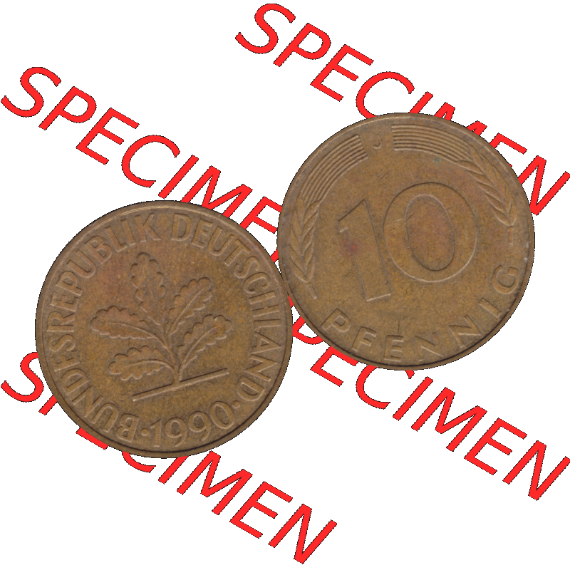 BRD Münzen 10 Pf. Umlaufmünze in PNG 1950-2001, 10 Pfennig der Bundesrepublik Deutschland 1990 Münzstätte Hamburg Mzz. J-01. Vorderseite und Rückseite... Sammlung