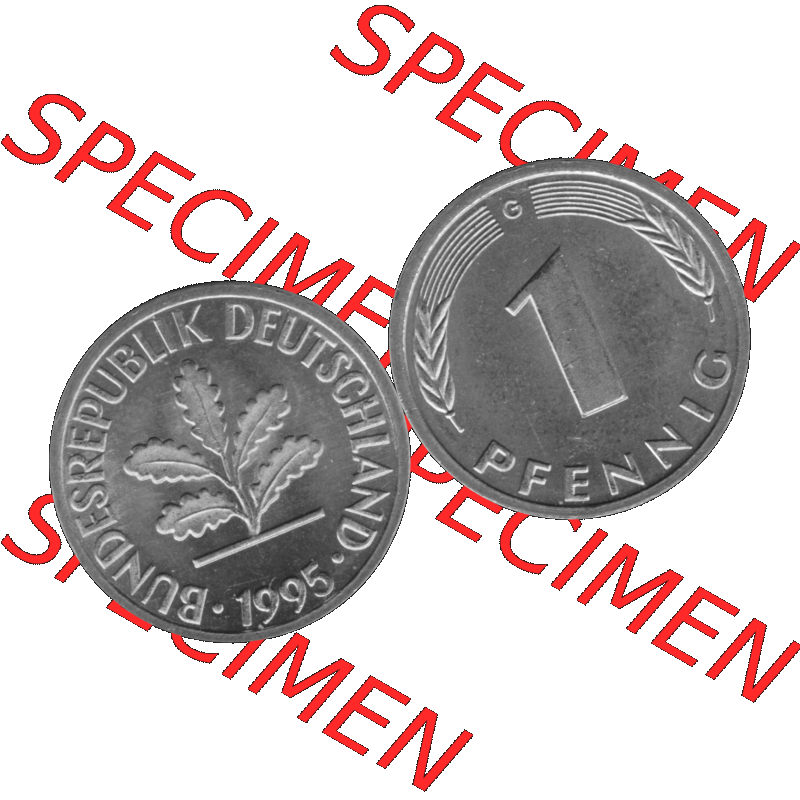 BRD Münzen 1 Pfennig BRD-Deutschland Umlaufmünze in Graustufen PNG 1950-2001, 1 Pfennig 1995, 1990er Jahre Münzstätte Karlsruhe G-01. Graustufen-Bilder der Vorderseite... Sammlung