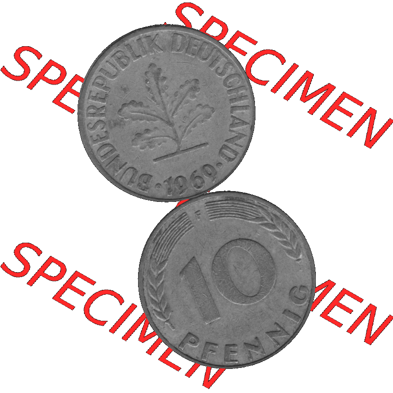BRD Münzen 10 Pf. Umlaufmünze in PNG 1950-2001, 10 Pfennig 1969 F-08 Graustufen. Graues-Bild aus farbigen Bild erstellt mit Vorderseite und Rückseite auf einen Bild /... Sammlung