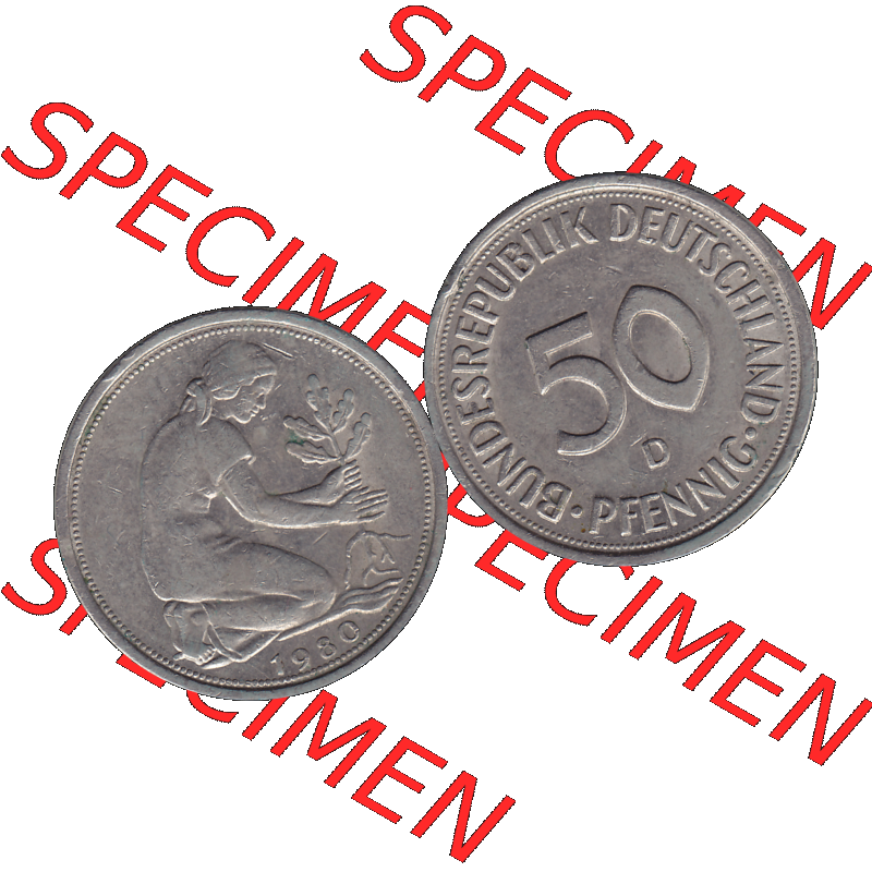 BRD Münzen 50 Pf. Umlaufmünze in PNG 1950-2001, 50 Pfennig BRD Deutschland 1980 Mzz. München "D"-01. 50 Pfennig Münze der 1980-er Jahre, Vorderseite... Sammlung