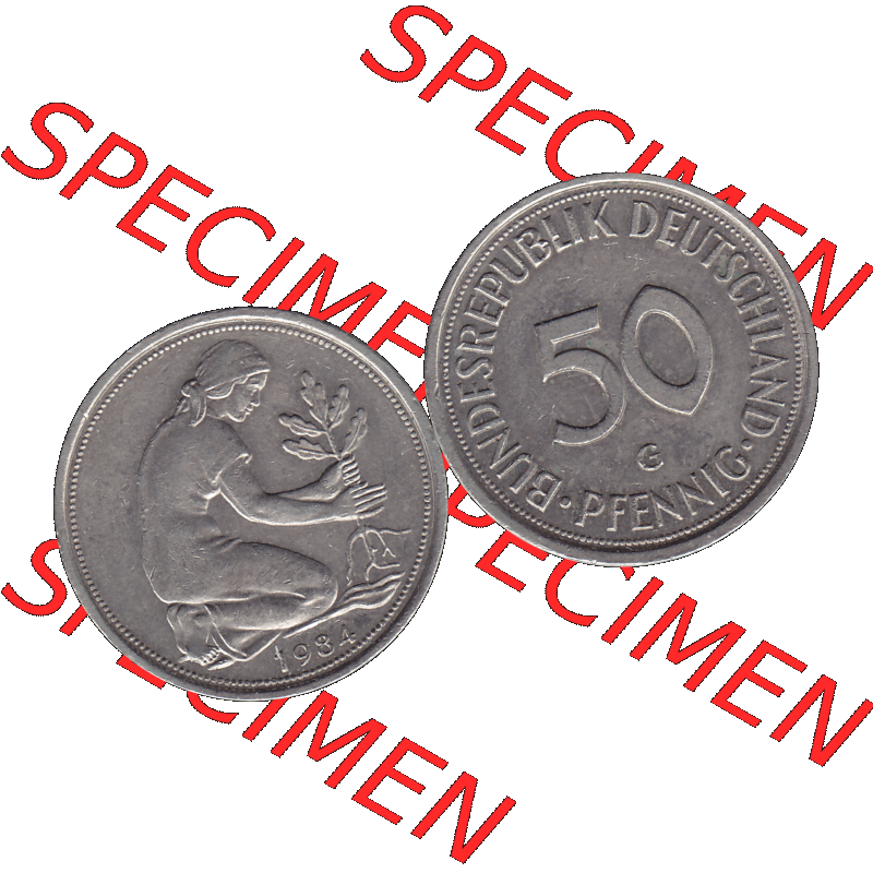 BRD Münzen 50 Pf. Umlaufmünze in PNG 1950-2001, 50 Pfennig BRD Deutschland 1984 Münzstätte in Karlsruhe Mzz. G-01. 50 Pfennig Münze BRD der 1980-er Jahre.... Sammlung