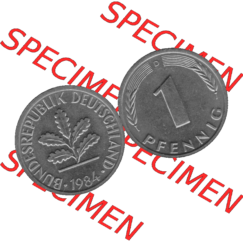 BRD Münzen 1 Pfennig Umlaufmünze in Graustufen PNG 1950-2001, 1 Pfennig 1984 München D-01. Graustufen-Bilder der Vorderseite und Rückseite mit Wert-Zahl auf einen Bild... Sammlung