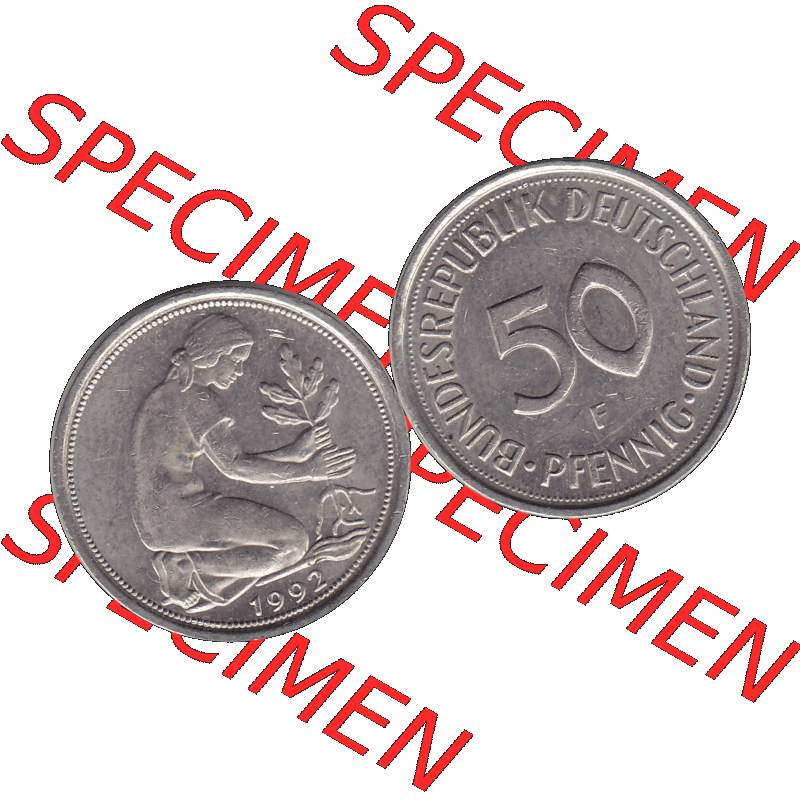 BRD Münzen 50 Pf. Umlaufmünze in PNG 1950-2001, 50 Pfennig BRD Deutschland 1992 Stuttgart F-1. Transparente Vorderseite und Rückseite als PNG-Grafik mit Wert-Zahl von... Sammlung