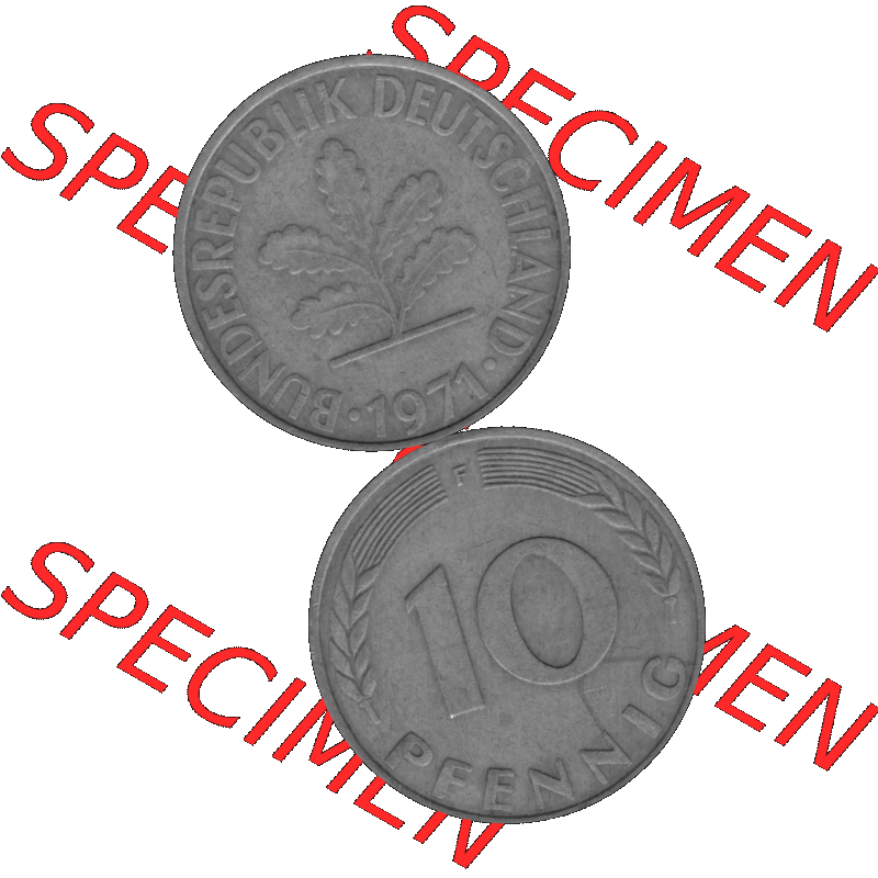 BRD Münzen 10 Pf. Umlaufmünze in PNG 1950-2001, 10 Pfennig 1971 F-01 Graustufen. Graues-Bild aus farbigen Bild erstellt mit Vorderseite und Rückseite auf einen Bild /... Sammlung