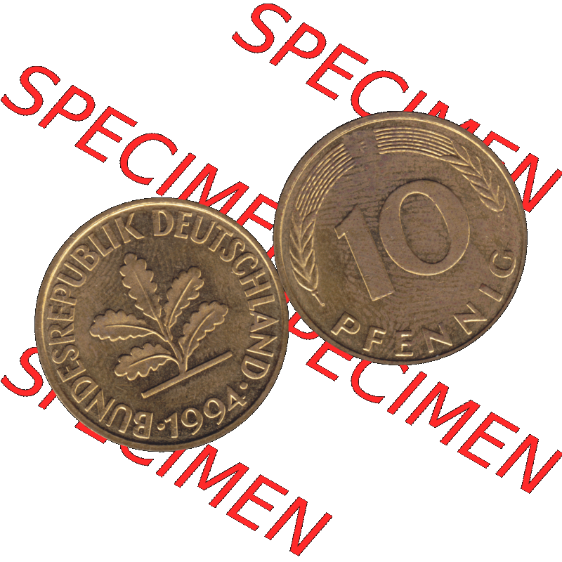BRD Münzen 10 Pf. Umlaufmünze in PNG 1950-2001, 10 Pfennig 1994 F-01. Vorderseite und Rückseite mit Wert-Zahl auf einen Bild / Foto der digitalisierten 10 Pfennig... Sammlung
