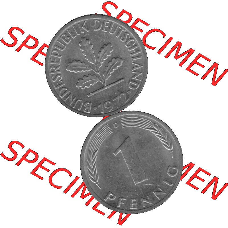 BRD Münzen 1 Pfennig Umlaufmünze in Graustufen PNG 1950-2001, 1 Pfennig 1972 München D-01. Graustufen-Bild erstellt aus Farbigen Bild mit Vorderseite und Rückseite auf... Sammlung