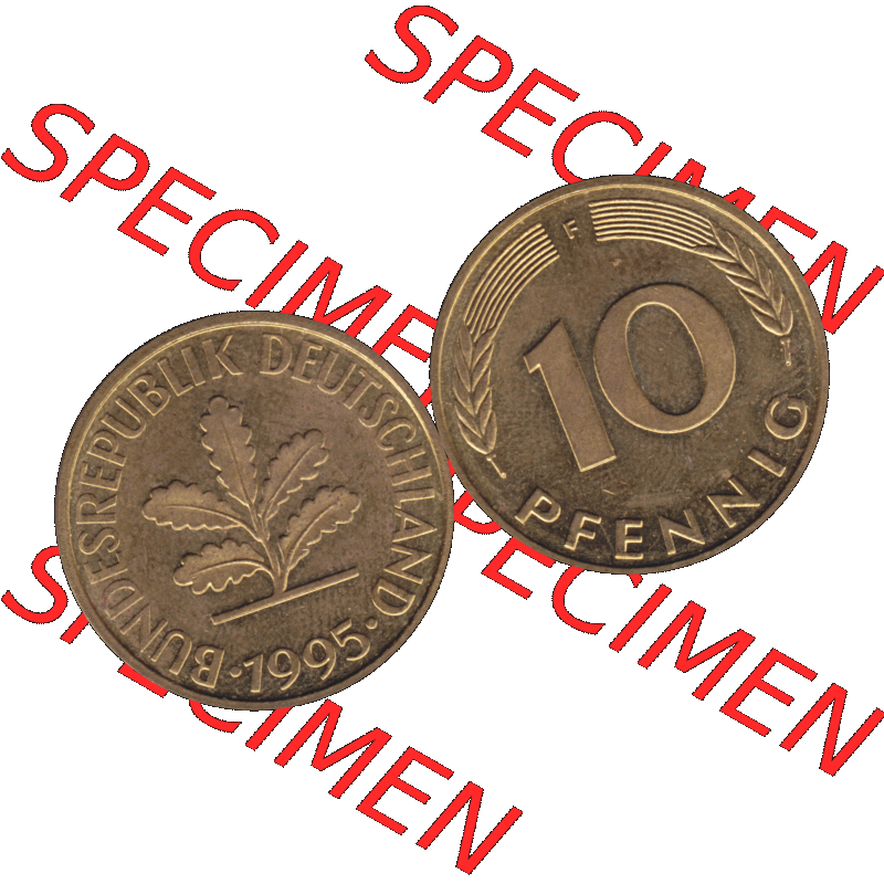 BRD Münzen 10 Pf. Umlaufmünze in PNG 1950-2001, 10 Pfennig 1995 F-04. Vorderseite und Rückseite mit Wert-Zahl auf einen Bild / Foto der digitalisierten 10 Pfennig... Sammlung