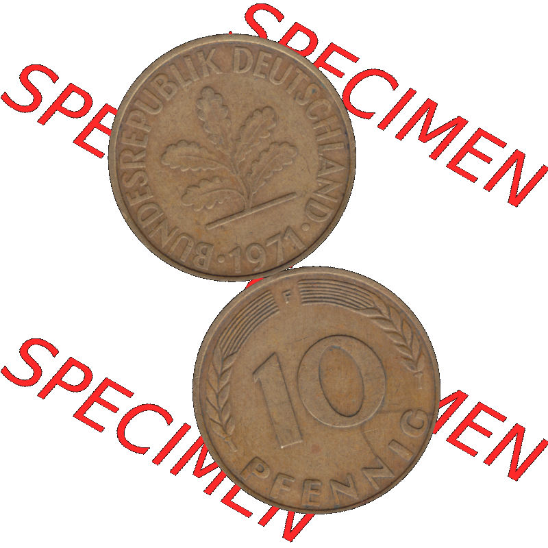 BRD Münzen 10 Pf. Umlaufmünze in PNG 1950-2001, 10 Pfennig 1971 F-01. Vorderseite und Rückseite auf einen Bild / Foto vertikal untereinander zusammengefügt,... Sammlung