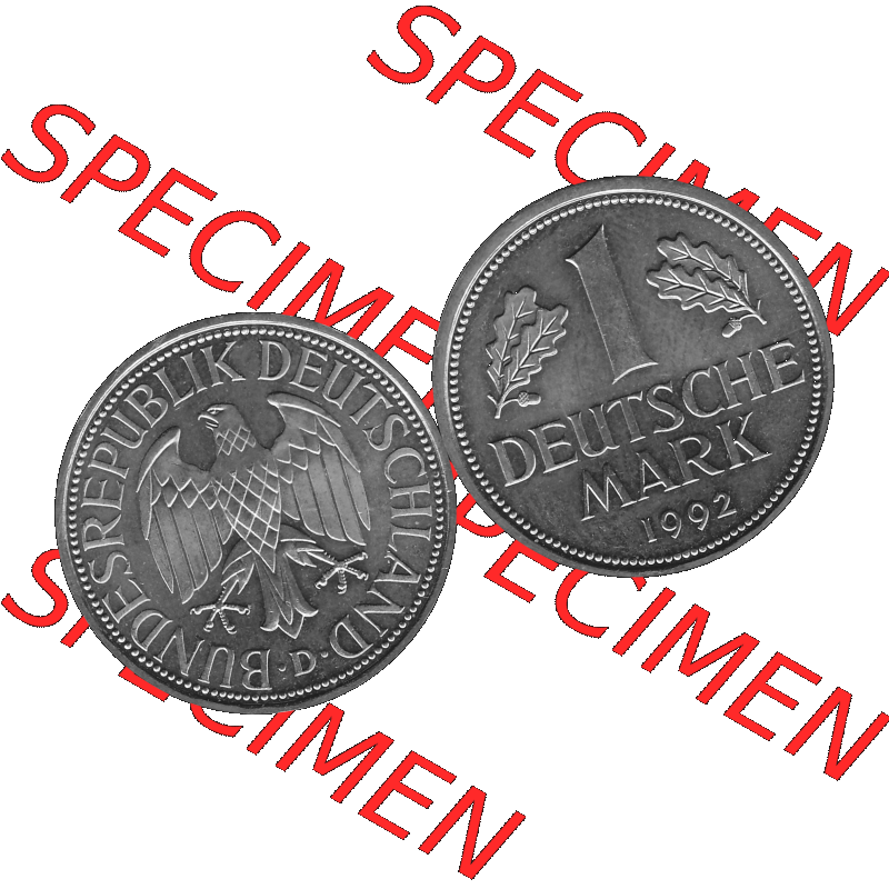 BRD Deutschland Münzen 1 / Eine DM / Eine Deutsche Mark in Graustufen PNG 1950-2001, 1 DM Deutsche Mark, 1992 Münzzeichen für München Mzz. D-02 Graustufen.... Sammlung