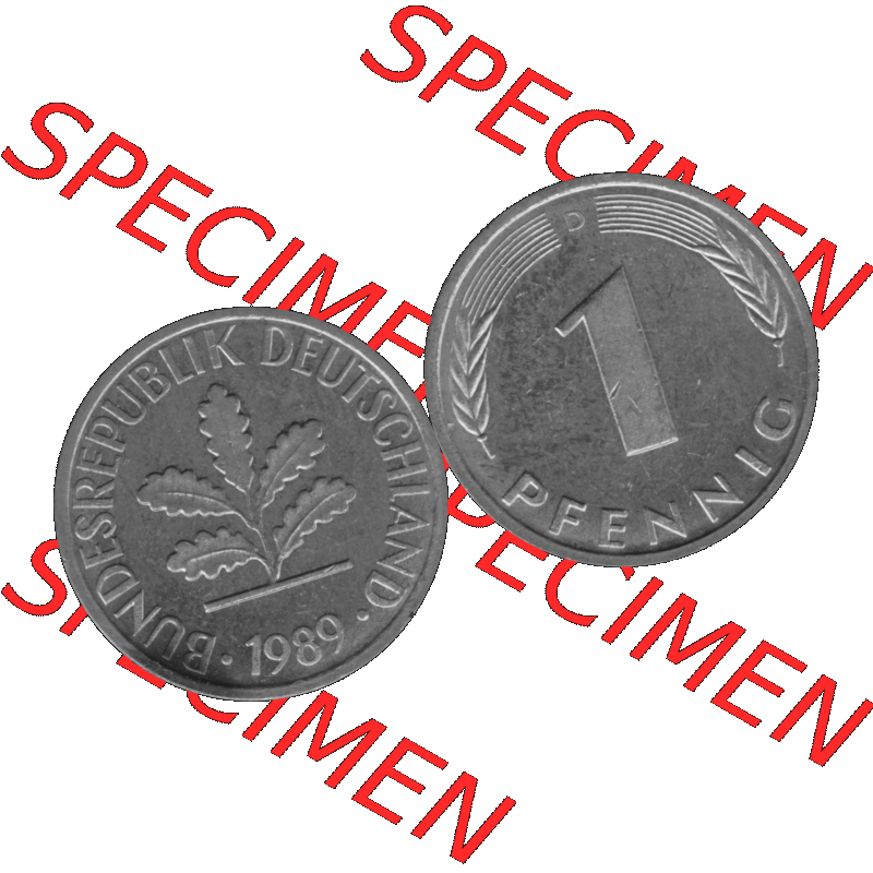 BRD Münzen 1 Pfennig Umlaufmünze in Graustufen PNG 1950-2001, 1 Pfennig 1989 München D-01. Graustufen-Bilder der Vorderseite und Rückseite mit Wert-Zahl auf einen Bild... Sammlung