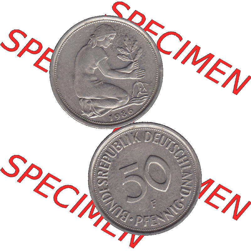 BRD Münzen 50 Pf. Umlaufmünze in PNG 1950-2001, 50 Pfennig 1986 F-01. Vorderseite und Rückseite auf einen Bild / Foto vertikal untereinander zusammengefügt,... Sammlung
