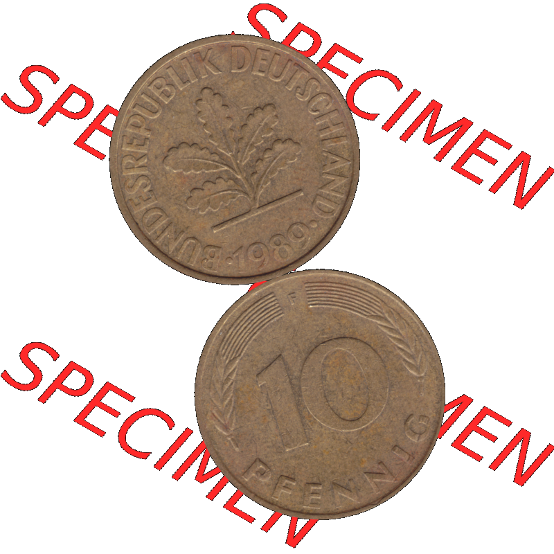 BRD Münzen 10 Pf. Umlaufmünze in PNG 1950-2001, 10 Pfennig 1989 F-03. Vorderseite und Rückseite auf einen Bild / Foto vertikal untereinander zusammengefügt,... Sammlung