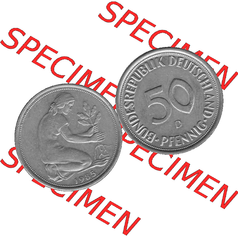 BRD Münzen Deutschland D 50 Pf. Umlaufmünze in Graustufen PNG 1950-2001, 50 Pfennig 1985 Münzzeichen "D" für München - "D"-01 Graustufen.... Sammlung