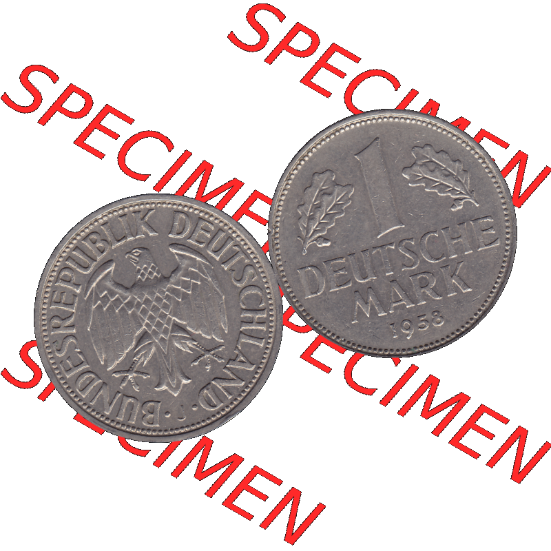 BRD Münzen 1 DM, Umlaufmünze 1950-2001, BRD Deutschland 1 / Eine DM - 1 Eine Deutsche Mark, 1958 Münzzeichen Hamburg Mzz J-1. Münzen-Rückseite und... Sammlung