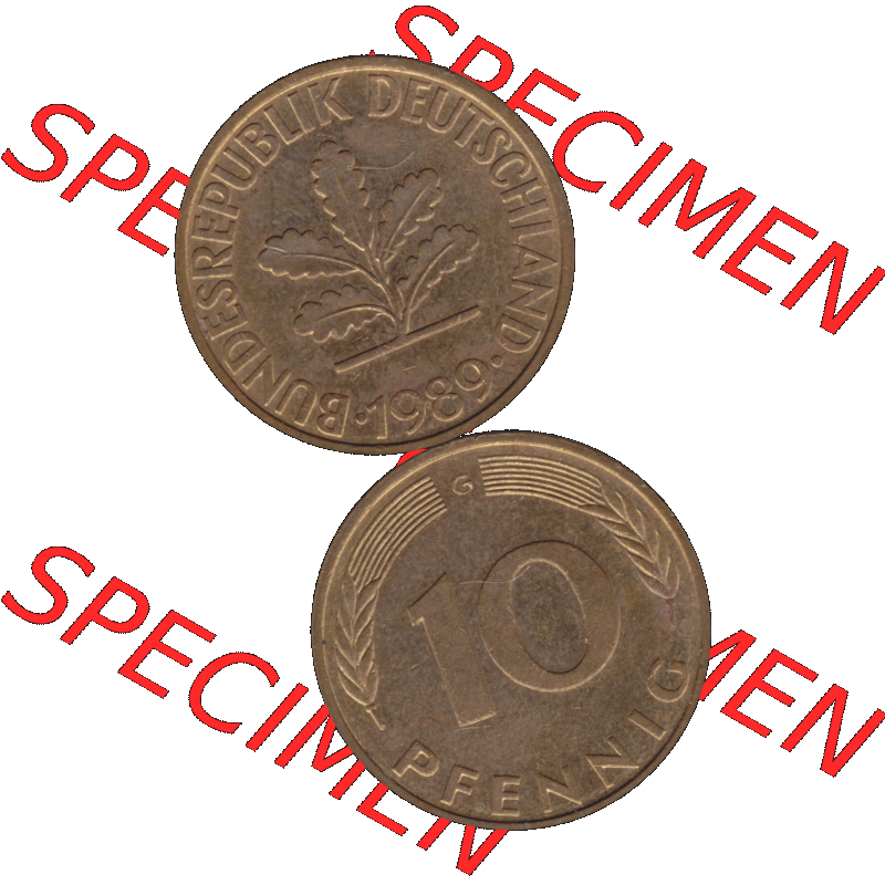 BRD Münzen 10 Pf. Umlaufmünze in PNG 1950-2001, 10 Pfennig 1989 G-10. Vorderseite und Rückseite auf einen Bild / Foto vertikal untereinander zusammengefügt,... Sammlung