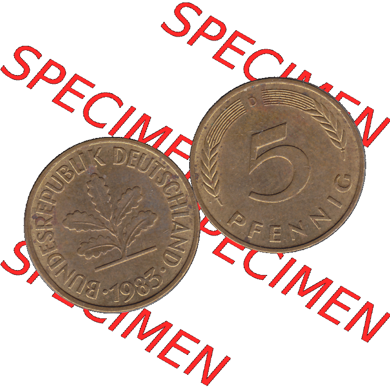 BRD Münzen 5 Pf., Umlaufmünze 1950-2001, 5 Pfennig Deutschland der BRD, 1983 Münzstätte München Mzz. D-01. Vorderseite und Rückseite... Sammlung