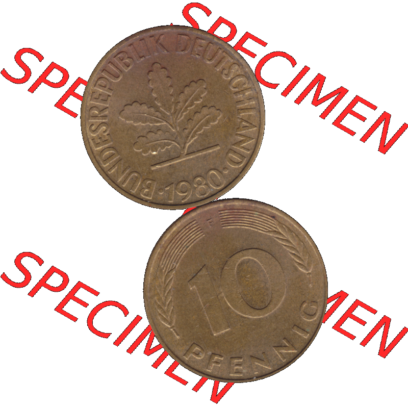 BRD Münzen 10 Pf. Umlaufmünze in PNG 1950-2001, 10 Pfennig 1980 F-01. Vorderseite und Rückseite auf einen Bild / Foto vertikal untereinander zusammengefügt,... Sammlung